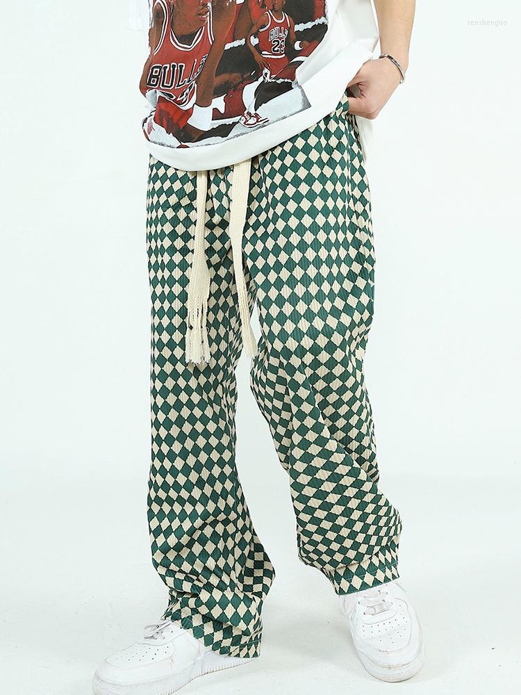 

Men' Pants Casual Men' Straight Elastic Waist 2022 Korean Style Fashionable Contrast Color Diamond Plaid Trousers, Brown