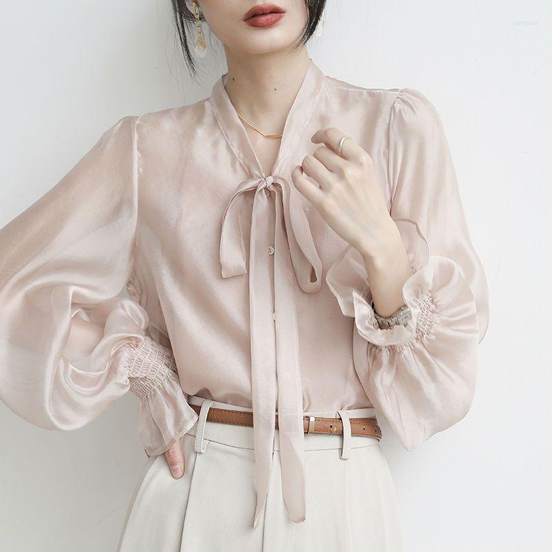 

Women' Blouses Bow Tie Tops Women Korean Style Design Clothes Flare Sleeve Elegant Office Lady Cute Clothing Sweet Basic Shirts P15, Champagne pink
