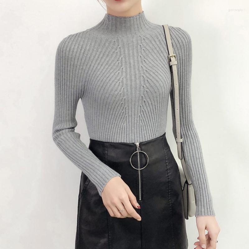 

Women's Sweaters Autumn Winter Half High Collar Women's Sweater Solid Pullovers Jersey Mujer Knitted Slim Long Sleeve Top All-match Pull, Black
