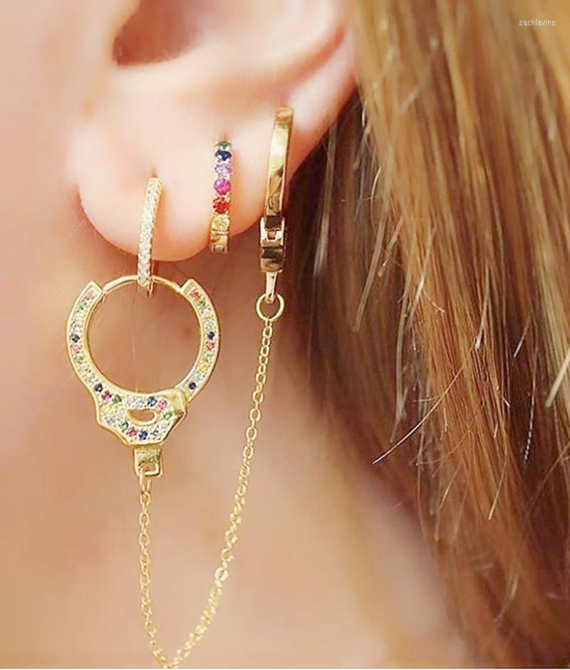 

Dangle Earrings Real 925 Sterling Silver Jewelry Accessories Women Fashion Cool Handcuff Earring Mirco Pave Rainbow Cz With Chain Creativity