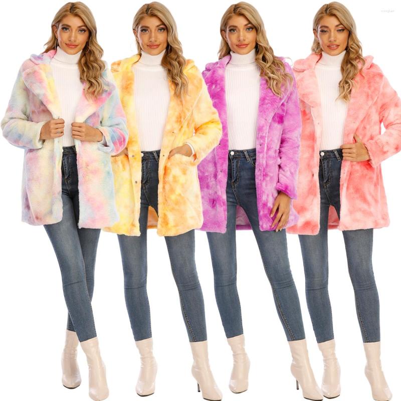 

Women' Fur Women Elegant Tie-dye Printed Multicolor Loose Faux Coat Thick Warm Jacket Female Casual Outerwear Overcoat, White