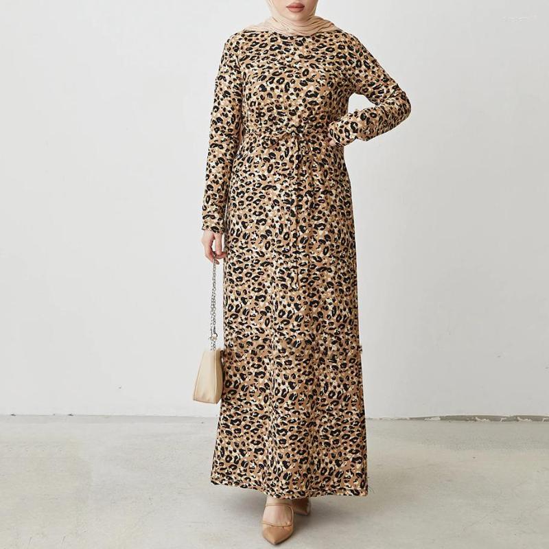 

Ethnic Clothing Muslim Fashion Abaya Dresses For Women 2022 Round Collar Long Sleeve Femme Robe Leopard Print Maxi Dress Daily