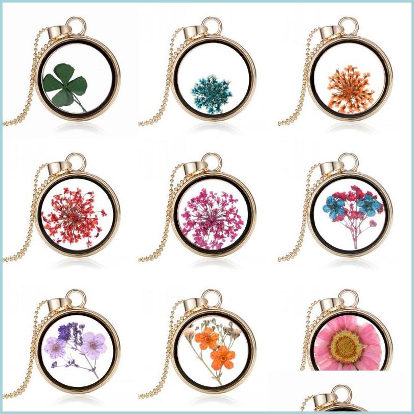 

Pendant Necklaces Creative Clovers Gold Plated Mticolor Dried Flower Round Pendant Clover Floating Locket Charms Necklace For Woman Dhqpt