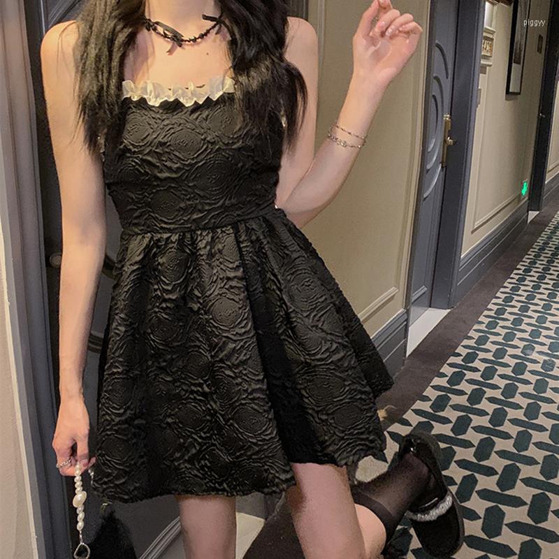 

Casual Dresses Black Sexy Lace Stitching High Waist Dress Women Slim Back Bow Spaghetti Strap Harajuku Mini Summer 2022, Black dress