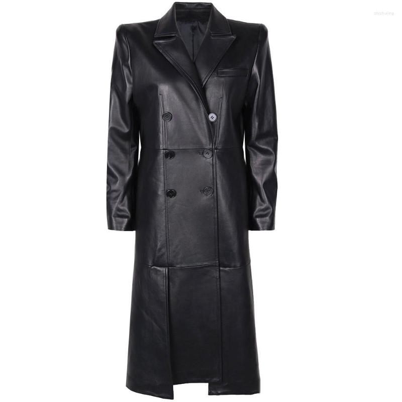 

Women' Leather YOLOAgain 2022 Autumn Real Trench Coat Women Double Breasted Long Lady, As shown