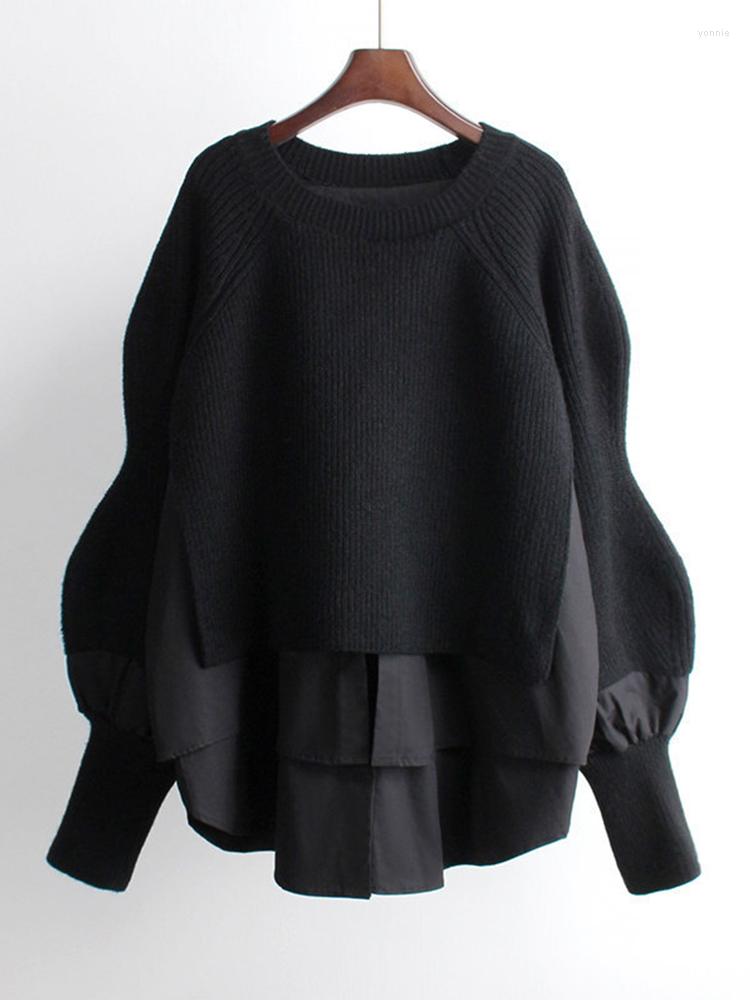 

Women's Sweaters FMFSSOM Autumn Winter Women Knitted Sweater Fashion Casual Warm Solid Long Sleeve O-Neck Loose Patchwork Pullovers, Black