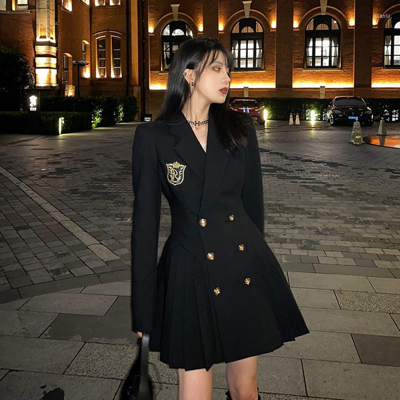 

Casual Dresses Brand Women Elegant Blazer Dress Spring Autumn Chic Double Breasted Long Sleeve Notched A-Line Pleated Mini Office Lady, Picture color