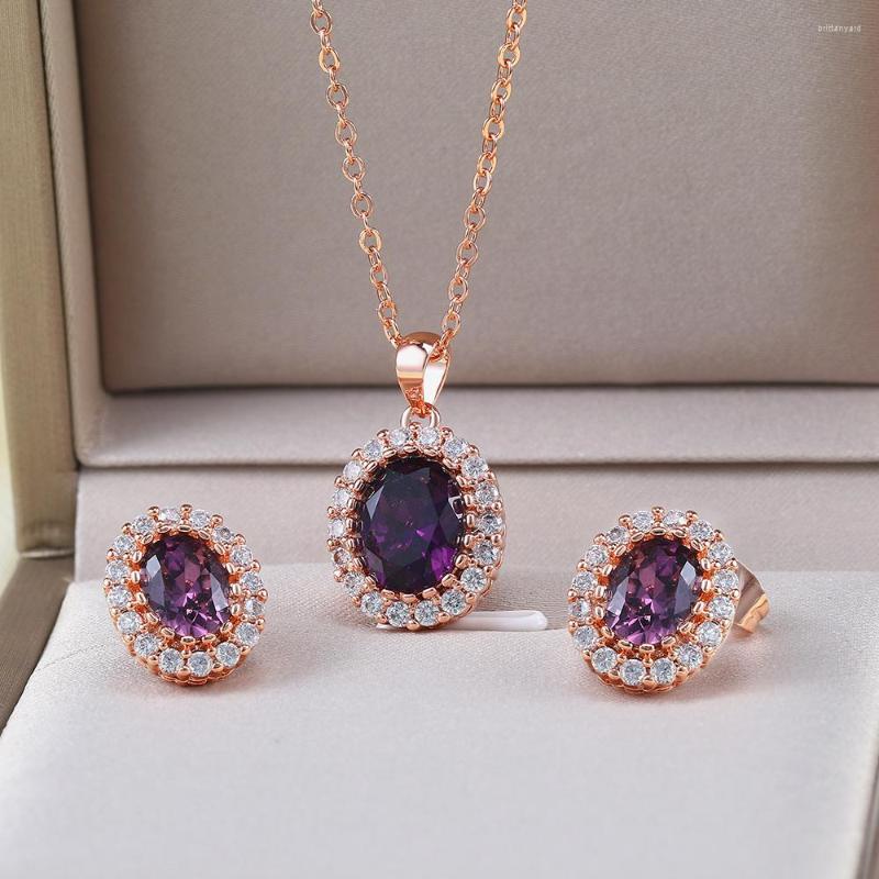 

Necklace Earrings Set Classic Luxury Purple Crystal RoseGold Color Fashion Jewelry Top Quality ZYS384, Picture shown