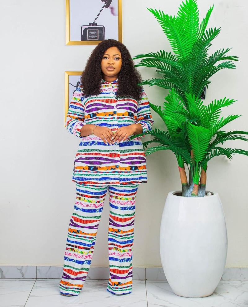 

Women's Tracksuits Tilapia OL Style Loose Lady Suit Fashion Striped Patchwork Outfit African Women Split Button Two Pieces Set, White