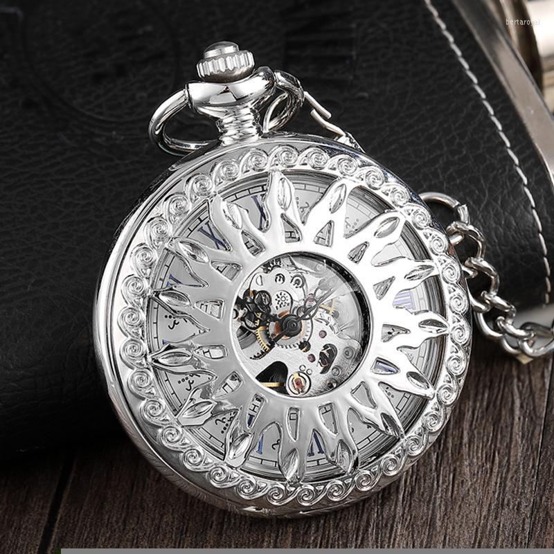 

Pocket Watches Unique Silver Steampunk Sun Flower Hollow Design Mechanical Watch Male Clock Retro Skeleton Hand Wind FOB Chain, Bronze