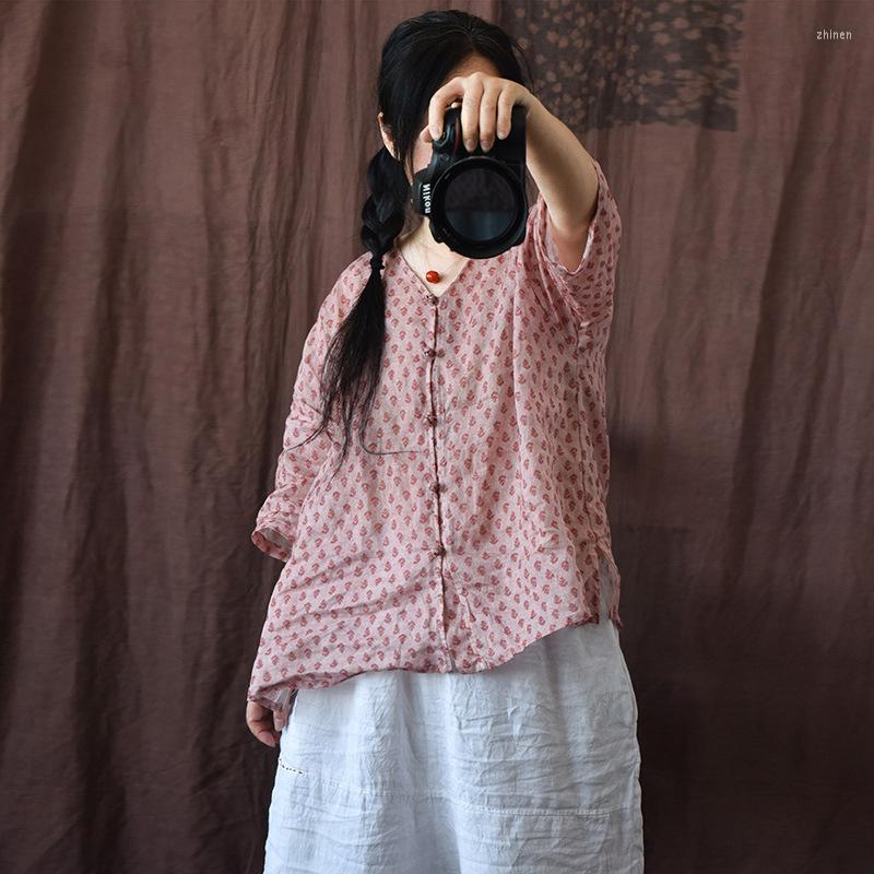 

Women's Blouses Vintage V Neck Floral Print Shirts Women 2022 Pink Long Sleeve Button Up Shirt Ladies Top Three Q Blouse Korean Clothes