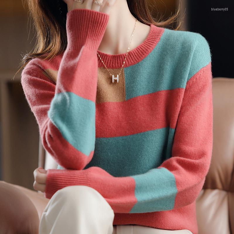 

Women' Sweaters Autumn And Winter Loose Cashmere Sweater Women' Pure Wool Base 2022 Color-blocking Pullover Long-sleeve Female, Tomato red