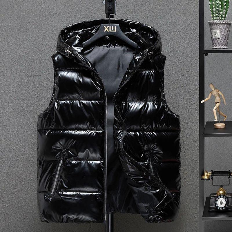 

Men's Vests 2022 Men Winter Bright Hooded Thick Vest Waterproof Cotton Padded Sleeveless Coat Waistcoat -5XL, Black