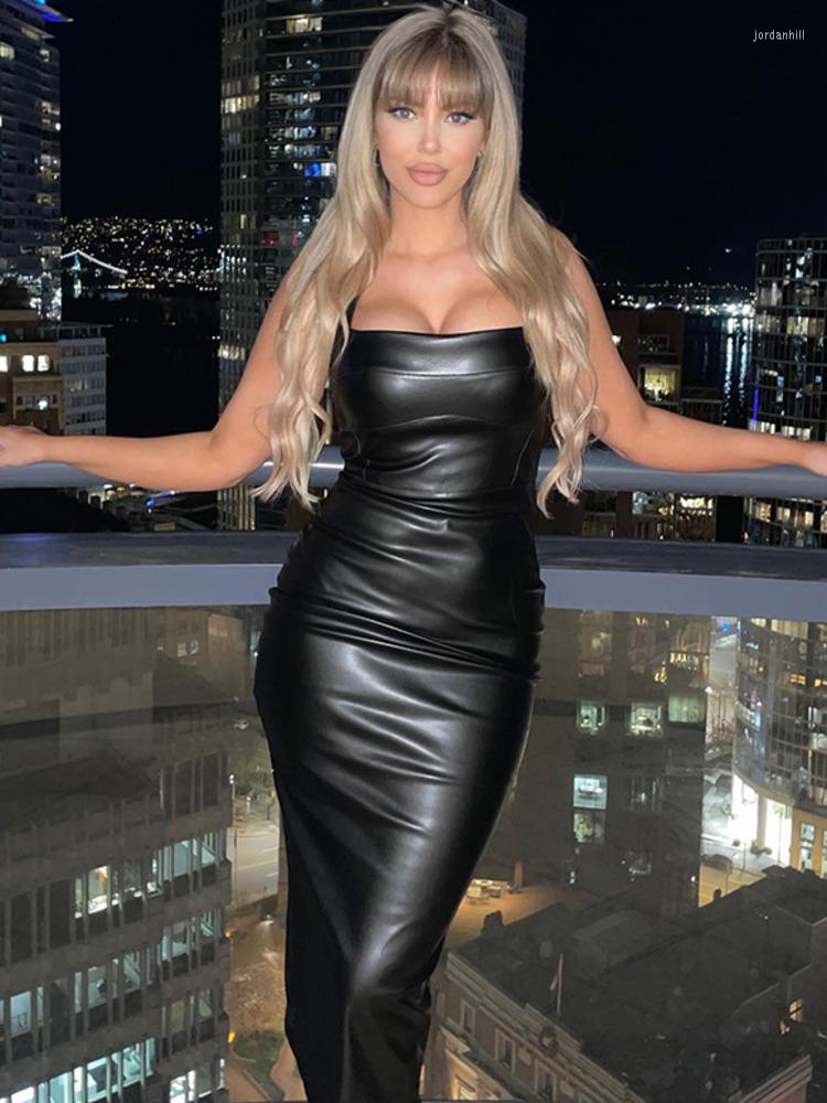 

Casual Dresses Mozision Elegant Sleeveless Sexy PU Leather Dress For Women 2022 Fashion Backless Bodycon Split Long Female Vestido, Black