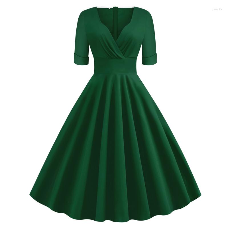 

Party Dresses Office Green Solid Rockabilly 1950S Vintage Ruched V Neck Elegant Dress Women 2022 Summer Half Sleeve A Line Midi, Black