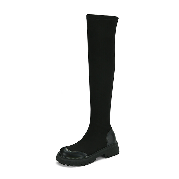 

Winter Knee High Boots Women Designer Round Toe low Heels shoes Genuine Leather Suede LeatherParty Wedding Fashion Luxury Platform Lady WARORWAR YGN020-h60-1, Black-flock lined