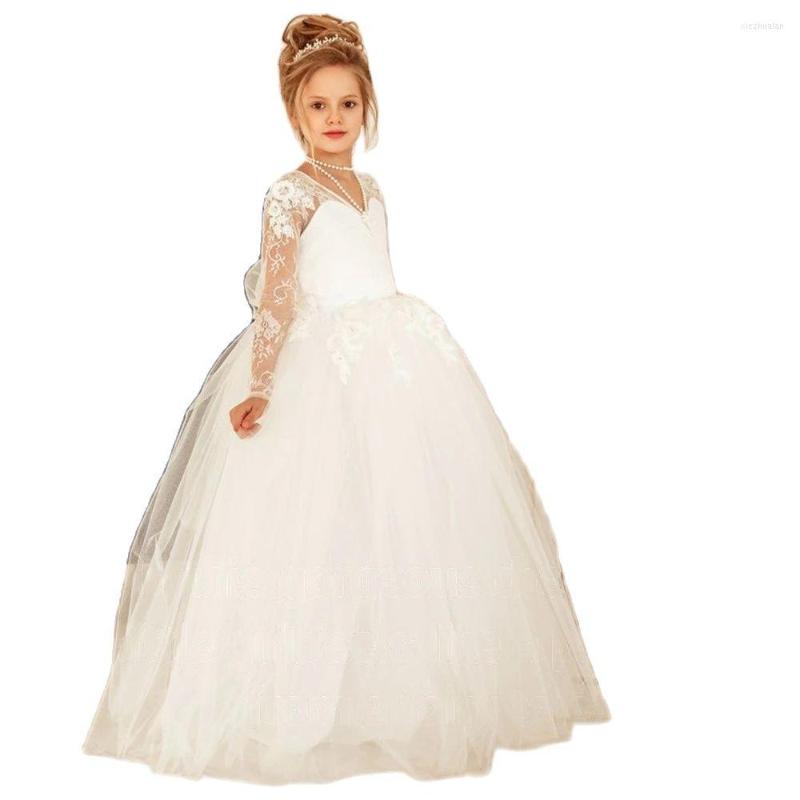 

Girl Dresses Puffy Flower 2022 Lace Appliques Princess Dress Tulle Kids Communion Sleeve Bow Birthday Party, Green