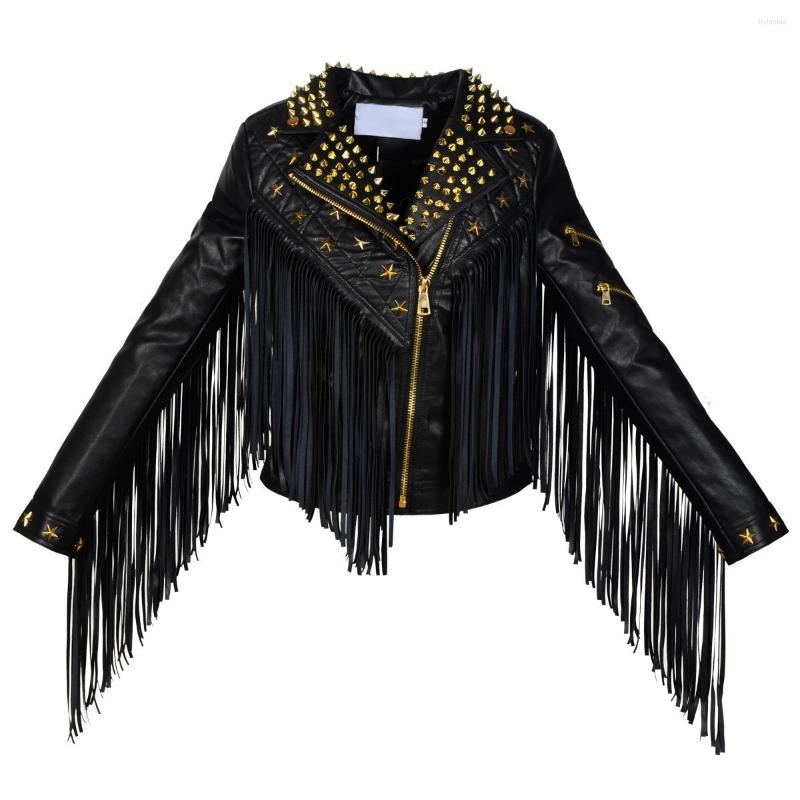 

Women' Leather Autumn Winter Black Short Tassel Coat Women Fashion Rivet Motorcycle Streetwear Long Sleeve Personality Jacket -4XL