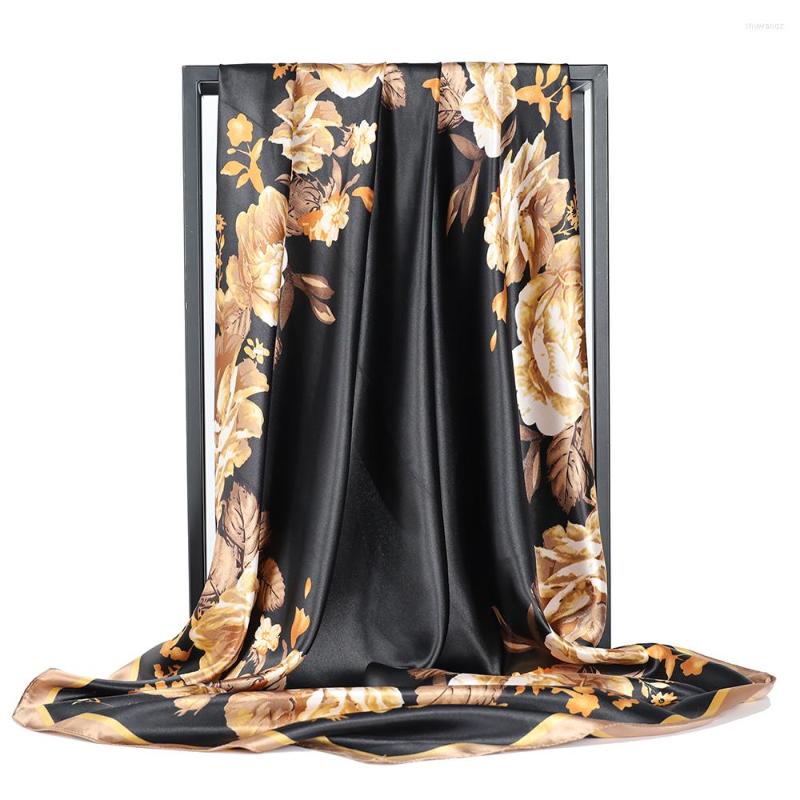 

Scarves Silk Women Flowers Printing 90 90cm Fashion Designer Big Square Foulard Soft Satin Shawl Kerchief Head/Hair Scarf