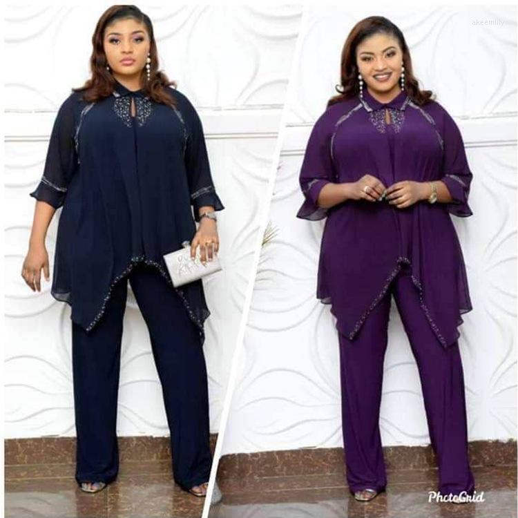 

Women's Tracksuits Tilapia 2022 African OL Style Chiffon Loose Women Suit Beading Patchwork Outfit Plus Size Two Pieces For Lady, Purple