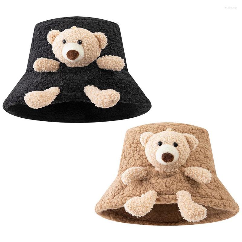 

Berets Winter Warm Bucket Hat 3D Stuffed Teddy Bear Wide Brim Plush For Adults Children, Black