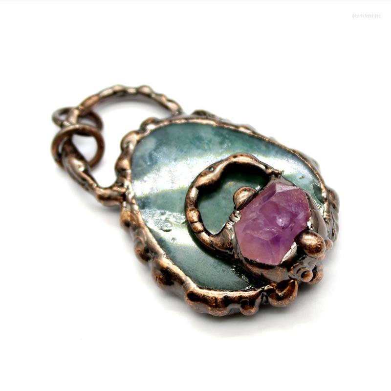 

Pendant Necklaces Free From 3Pcs Natural Amethysts Druzy Paved Green Agates Slice Stone Bronze Vintage Loop Necklace Healing Charms