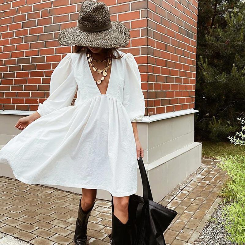 

Casual Dresses Vintage Lantern Sleeve White Dress Sexy Deep V Neck A Line Mini Fashion Girl Streetwear 2022 Autumn For Women, Black