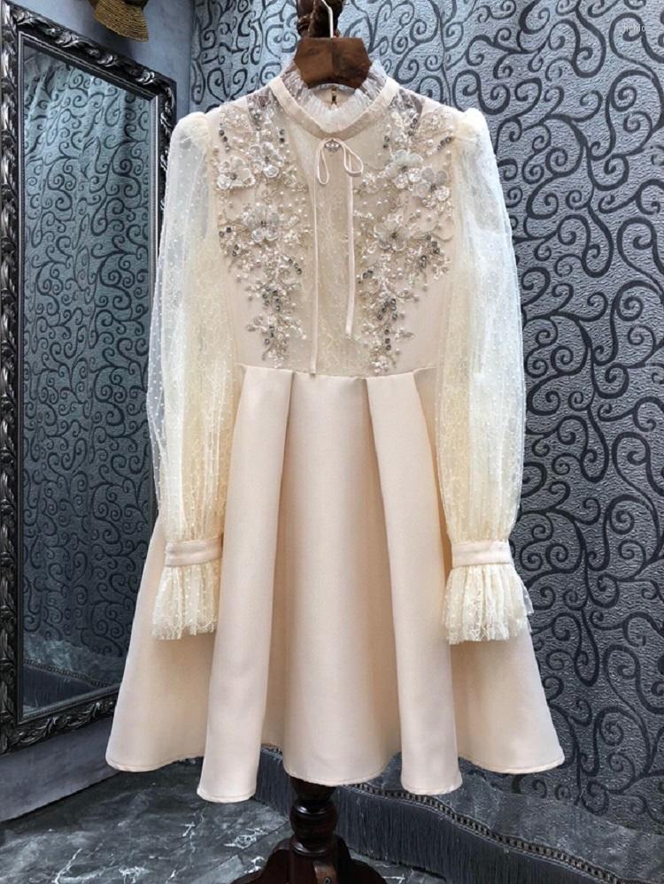 

Casual Dresses Top Quality Runway Dress 2022 Autumn Winter Party Women Lace Embroidery Beading Deco Long Sleeve Beige Black Gown XL