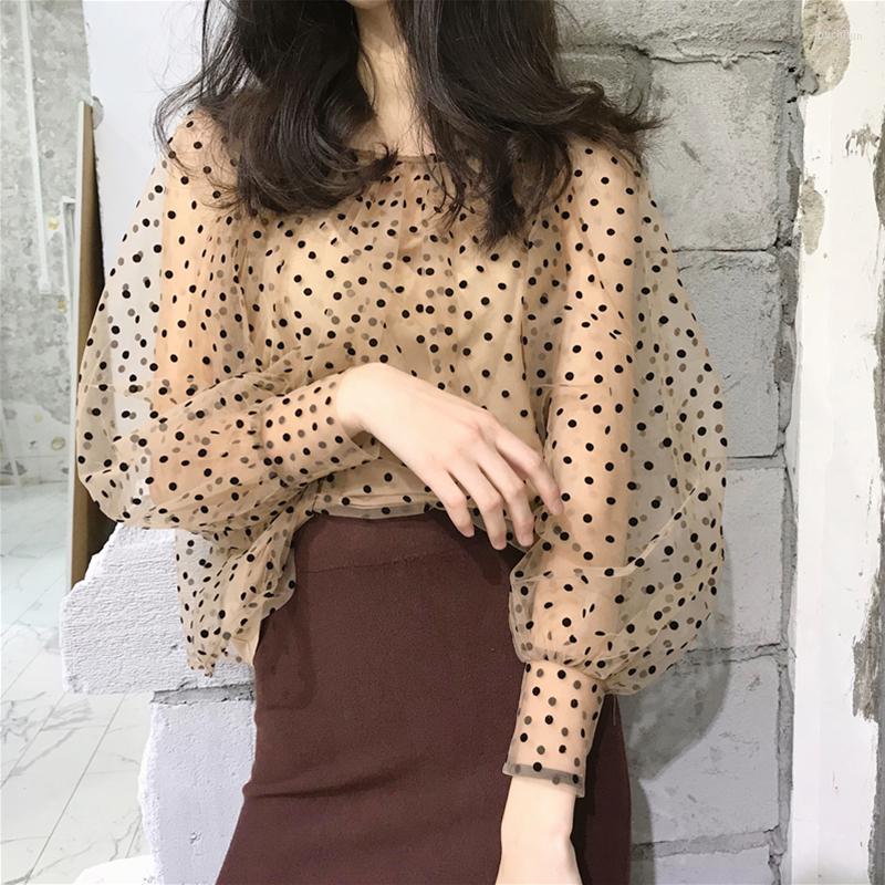 

Women' Blouses Spring Autumn Vintage Brown Sugar Pearl Milk Flocking Polka Dot Puff Sleeve Mesh Top With Bottoming Shirt Women, As shown
