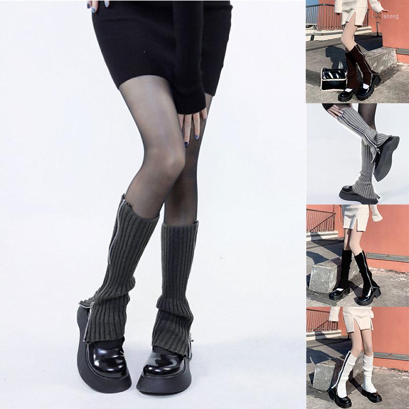 

Knee Pads Ribbed Knitted Foot Cover Boot Socks Side Zipper Gothic Punk Women Solid Color Student High, Grey