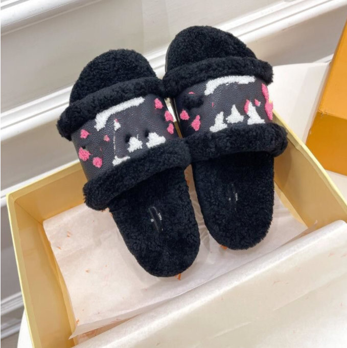 

Womens Slippers Ladies Wool Slides Sandals Girl Flip Flop Luxury Designer Winter Fur Fluffy Furry Warm Letters, #3