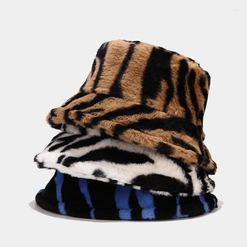 

Berets Winter Zebra Pattern Faux Fur Fluffy Bucket Hats Women Outdoor Warm Sun Hat Soft Velvet Furly Fisherman Cap Lady Fashion Panama, Brown