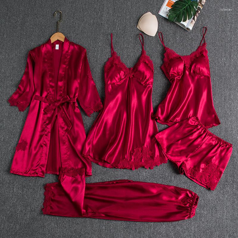 

Women's Sleepwear 5PCS Female Pajamas Set Satin Pyjamas Sexy Lace Patchwork Bridal Wedding Nightwear Rayon Home Wear Nighty&Robe Suit, Blue