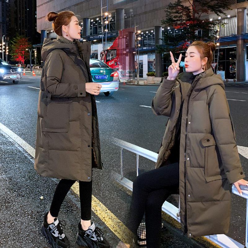 

Women's Trench Coats 2022 Winter Down Padded Jacket Women's Hooded Korean Style Gentle Wind Mid-Length Large Size Warm Parka Coat, Black