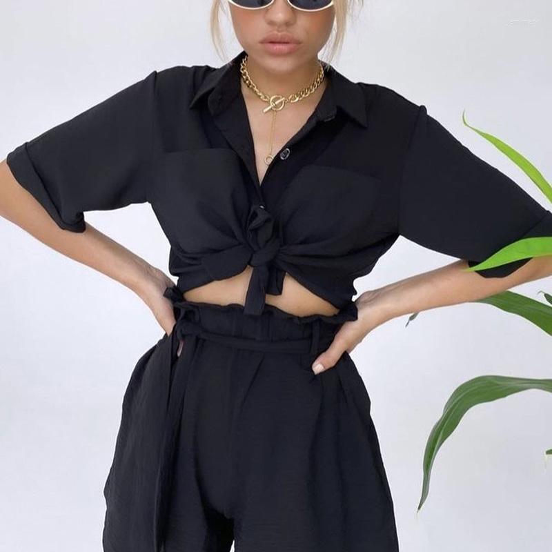 

Women' Tracksuits Women Tracksuit 2Pcs Casual Clothes Suit Summer Solid Color Short Sleeve Shirt High Waist Loose Shorts Set For Female, Black