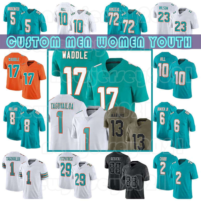 

10 Tyreek Hill 1 Tua Tagovailoa Football 17 Jaylen Waddle Jersey Bradley Chubb Xavien Howard Dan Marino Jaelan Phillips Jevon Holland Teddy Bridgewater Mike Gesicki, Custom women(h t)