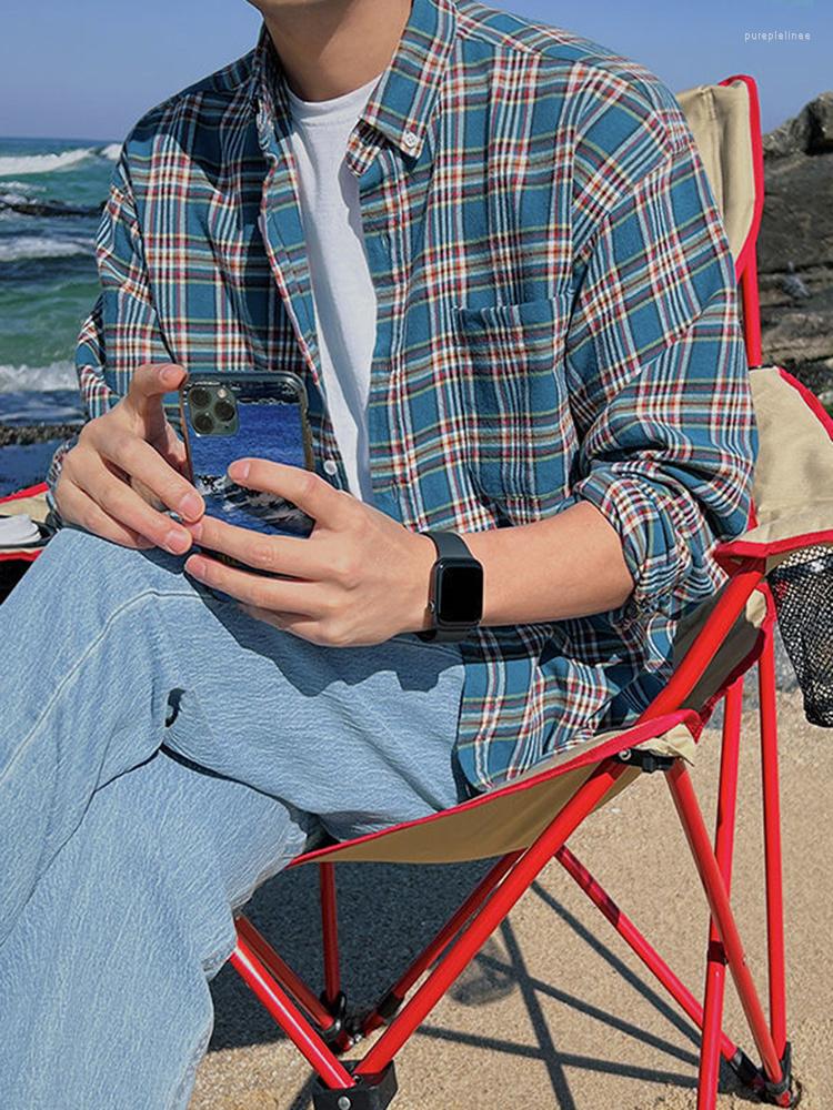

Men's Casual Shirts Sleeved Shirt Men's Long Autumn Korean Loose Fashion Plaid Versatile 2023 Turn-down Collar Male Tops 2A5572, Blue