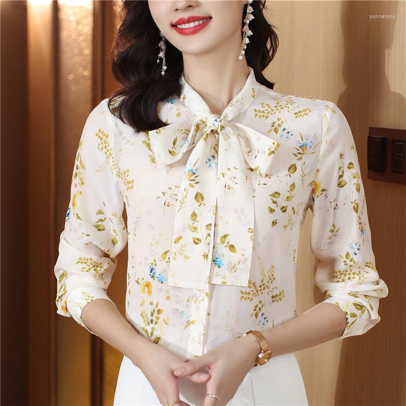 

Women' Blouses High-end Especially Beautiful All Season White Mulberry Silk Floral Print Bow V-Neck Women Slim OL Workwear Top Shirt Blouse, Hpjr6677