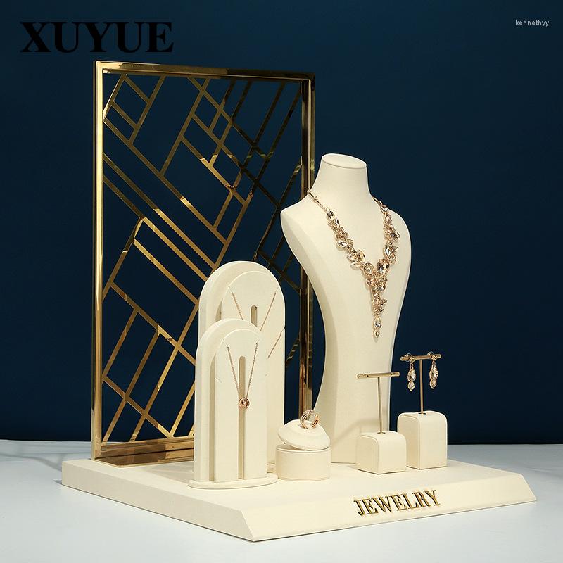 

Jewelry Pouches Props Metal Beige Window Display Set Necklace Ring Storage Rack