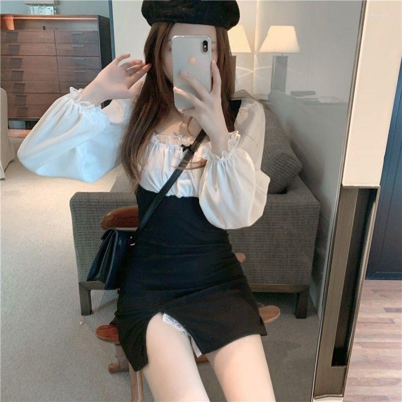 

Casual Dresses Women Autumn Winter Lace Puff Sleeve Skirt Square Collar Dress Split For Vestido De Mujer Femme Robe, Black