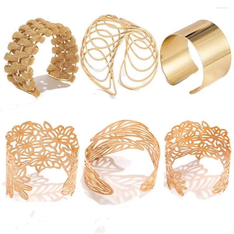 

Bangle IngeSight.Z 6 Styles Exaggerated Hollow Out Wide Cuff Open Bangles For Women Punk Big Flower & Leaves Wrist Bracelet Jewelry