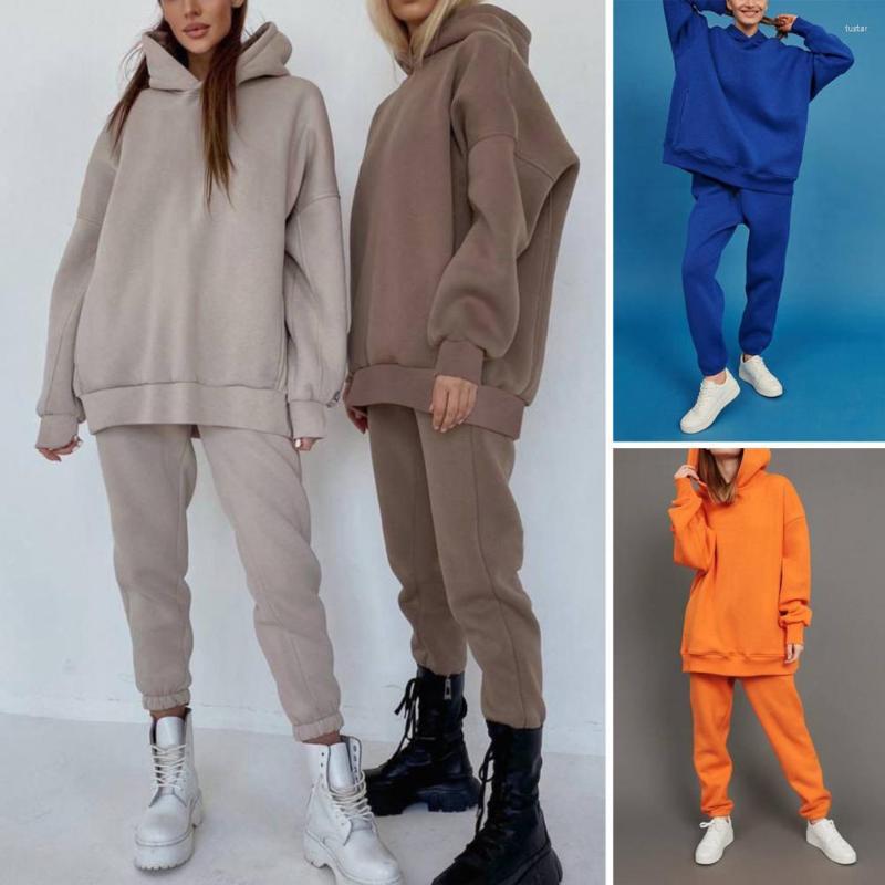 

Women' Two Piece Pants 2Pcs Hoodie Suit Hooded Pullover Solid Color Elastic Waist Soft Warm Loose Sweatpants Autumn Tracksuit For School, Black