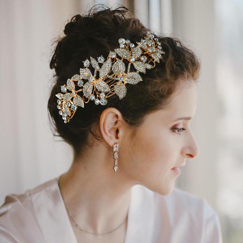 

Headpieces Luxury Woman Jewelry 18k Gold Hair Accessories Shiny Rhinestone Ornaments With Comb Fascinator For Weddings Bridal Headband