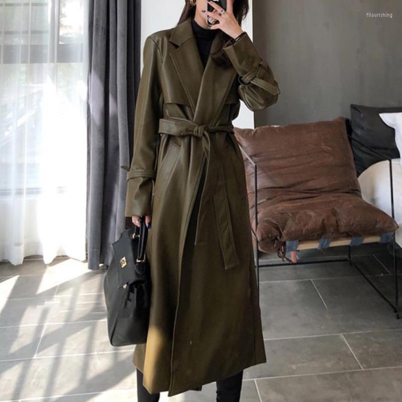

Women' Trench Coats Autumn Long Pu Coat For Women 2022 Sleeve Belted Faux Leather Fashion, Army green