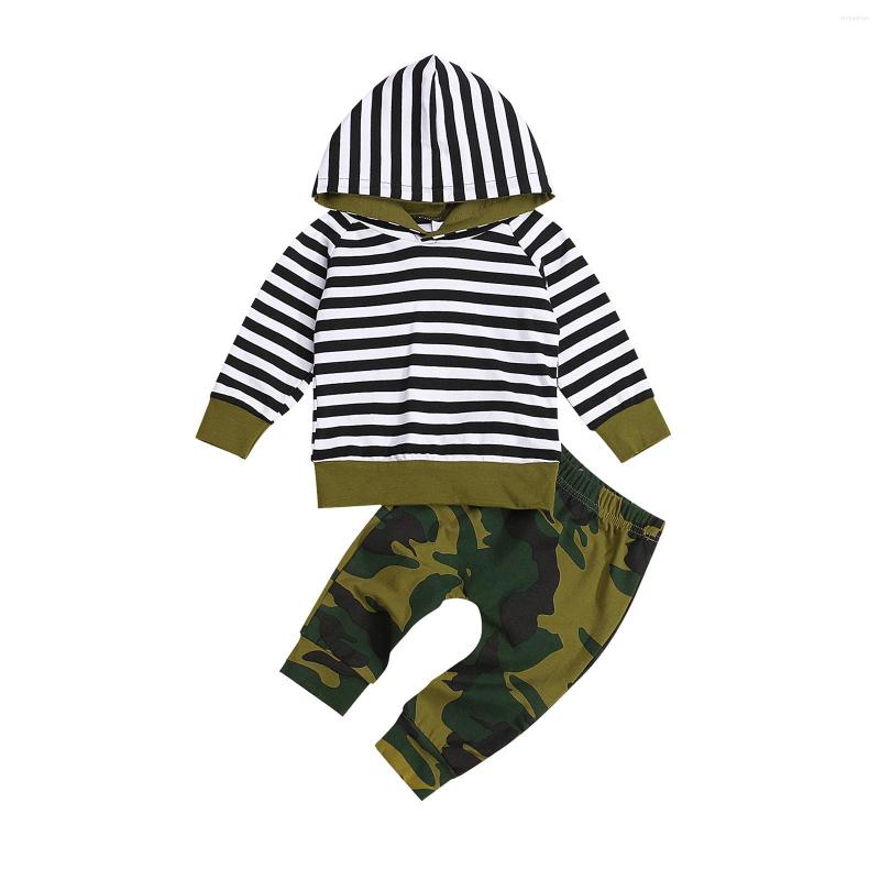 

Clothing Sets 2022 0-12M Casual Boy Stripe Long Sleeve Hooded Tops Sweatshirt And Camouflage Trousers Harem Pants 2pcs Set, Picture shown