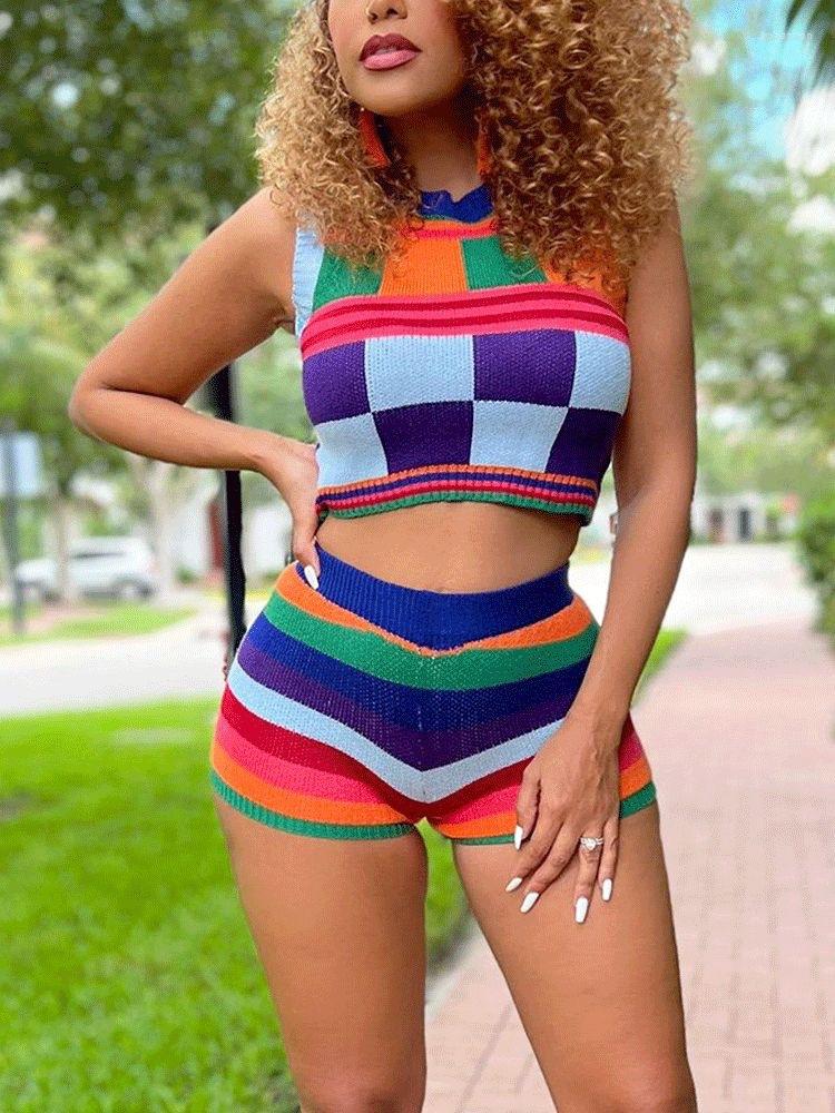 

Women' Tracksuits MUDAN Autumn Women' Irregular Splice Checker Suit Knitted Sweater Sleeveless Tank Top Shorts Two Piece Set, R2801 pink