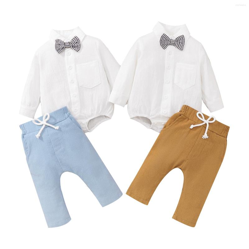 

Clothing Sets Baby Boys 2 Pieces Gentleman Outfit Solid Color Lapel Long Sleeve Shirts Romper With Plaid Bowtie Elastic Waist Pants Set