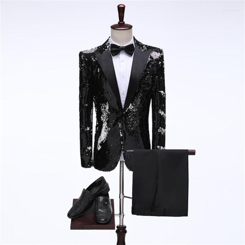 

Men' Suits Sequin Blazer Men Groom Suit Set With Pants Wedding Costume Singer Star Style Dance Stage Clothing Formal Dress, Black