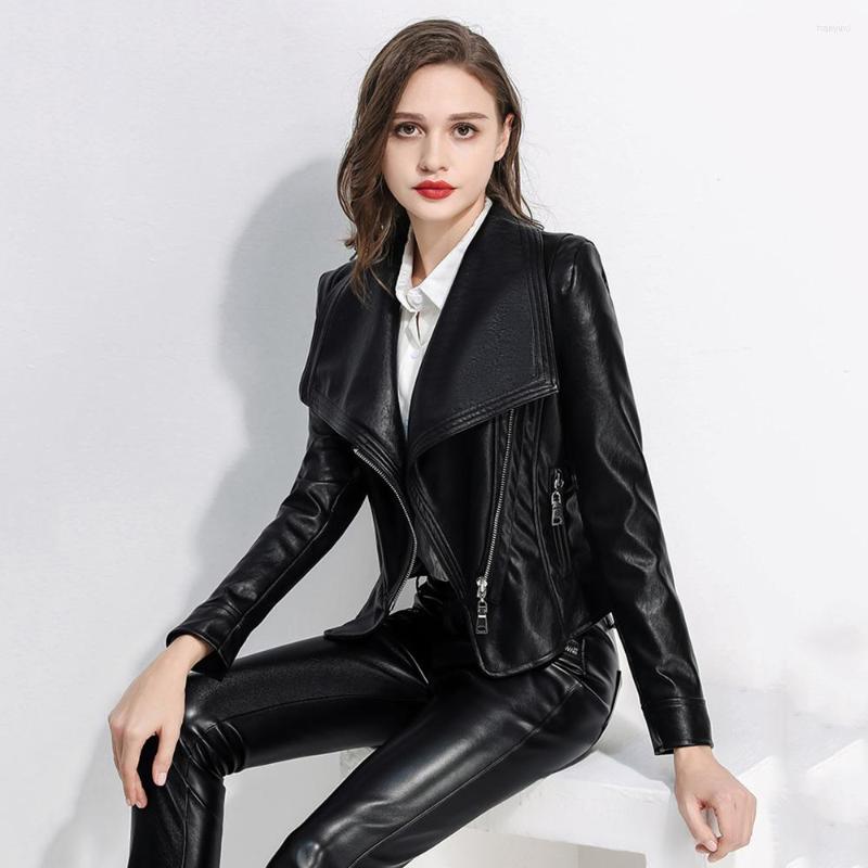 

Women' Leather Women Short Moto Biker Jacket Spring Autumn 2022 Fashion Turn-down Collar Long-sleeve Slim Zipper PU Jackets, Black