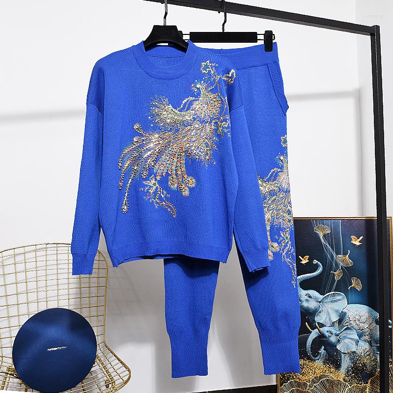 

Women' Tracksuits 2022 Spring Autumn Fashion Phoenix Knitted Sweater Women Long Sleeves Pullover Harem Pants Two Peice Set Ladies Tide, Photo color